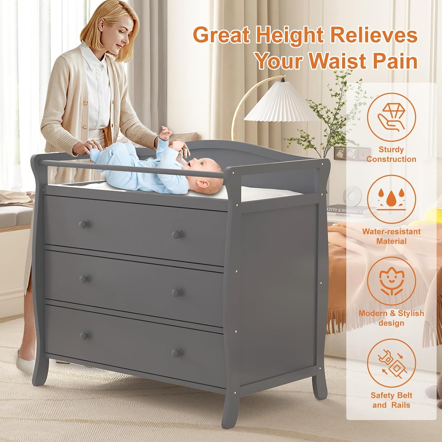 Baby Nursery Dresser Changing Table - 3 Drawers Baby Changing Table Wooden